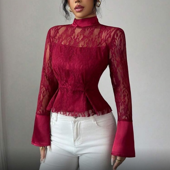 Luxe Burgundy Lave Bell Sleeve Tie Neck Blouse - Picture 4 of 7